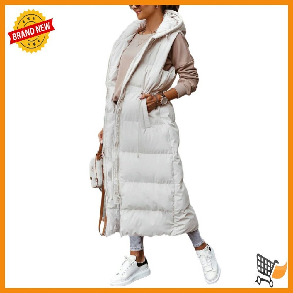 Long Quilted Puffer Vest Hooded Sleeveless Winter Coat Women's Outerwear
